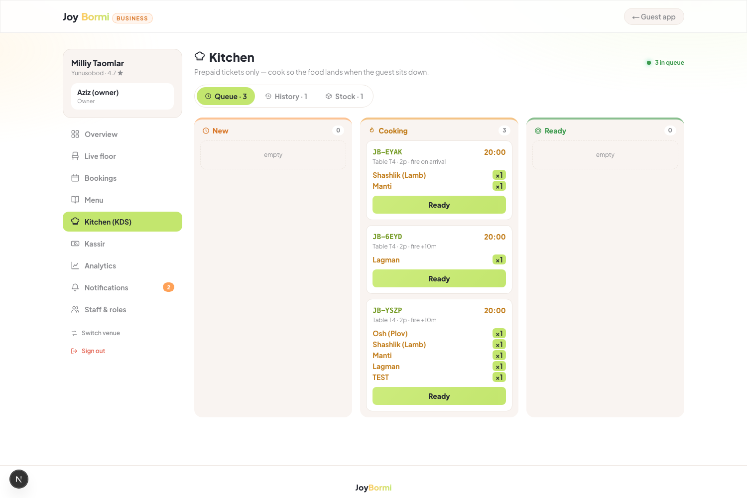 JoyBormi Business — oshxona ekrani (KDS)